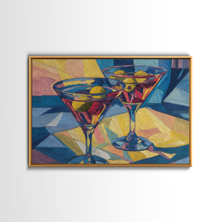 Cubist Martini Glasses With Olives Framed Canvas Print, Retro Cocktail Wall Art, Mid Century Modern Bar Cart Kitchen Decor