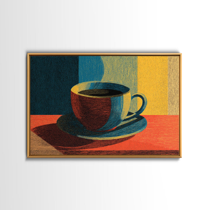 Sunlit Coffee Cup Still Life, Canvas Print, Midcentury Modern Art, Retro Kitchen Poster, Warm Orange Blue Wall Decor Print