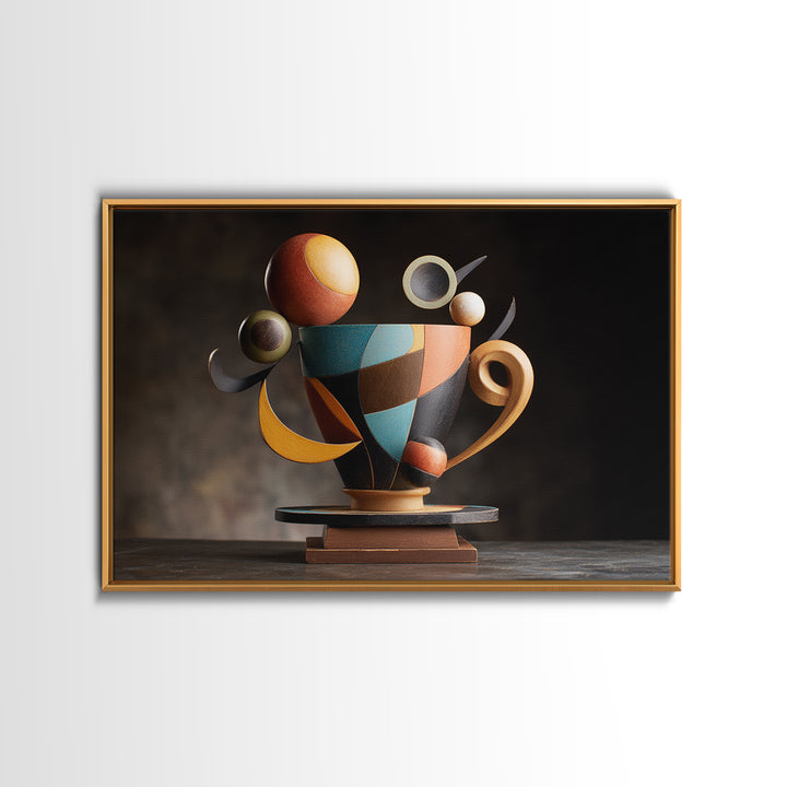Geometric Sculptural Teacup Still Life, Framed Canvas Print, Midcentury Modern Artwork, Abstract Coffee Decor Statement Piece