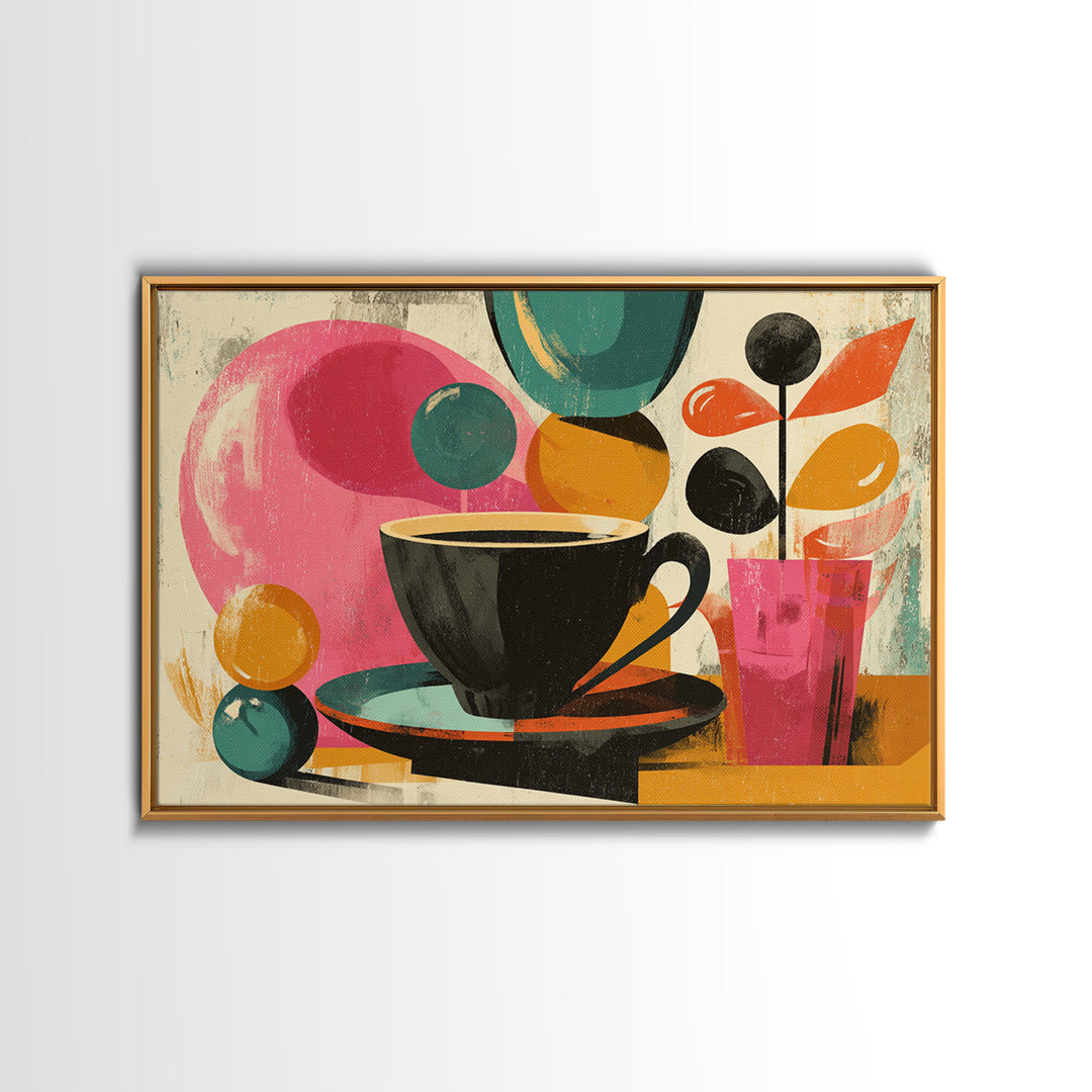 Black Coffee Cup With Pink Circles, Midcentury Modern Wall Art, Retro Cafe Poster, Abstract Botanical Shapes Home Decor Print