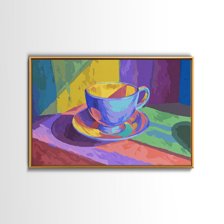 Rainbow Blue Teacup Still Life, Framed Canvas Print, Colorful Modern Wall Art, Retro Kitchen Poster, Bright Home Decor Gift