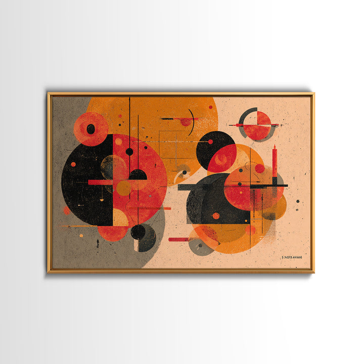 Orange Black Geometric Circles Canvas Print, Midcentury Modern Art, Atomic Retro Poster, Abstract Wall Decor For Living Room