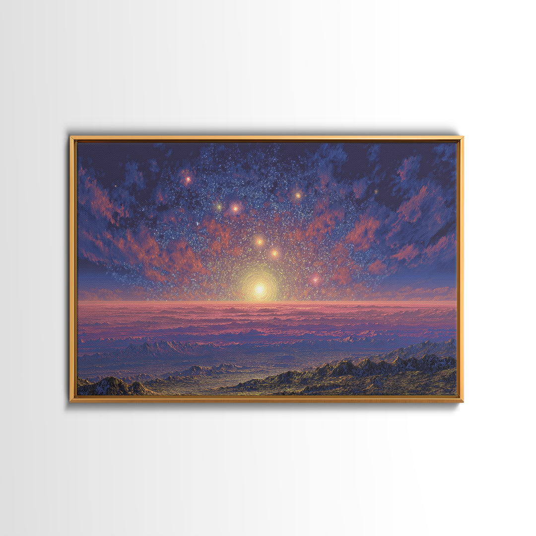 Starry Mountain Sunrise Canvas Print, Scenic Space Abstract Art, Blue Pink Landscape Wall Decor, Modern Home Art Poster Gift