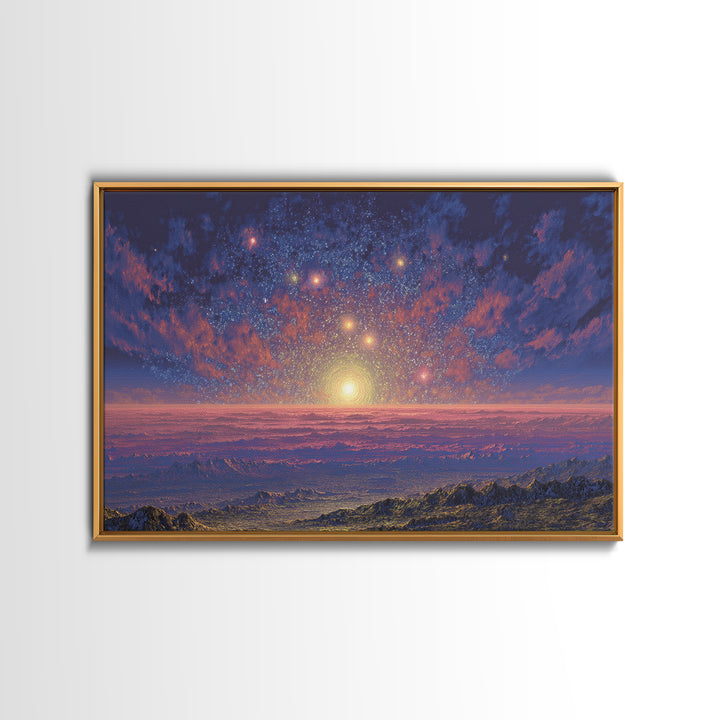 Starry Mountain Sunrise Canvas Print, Scenic Space Abstract Art, Blue Pink Landscape Wall Decor, Modern Home Art Poster Gift