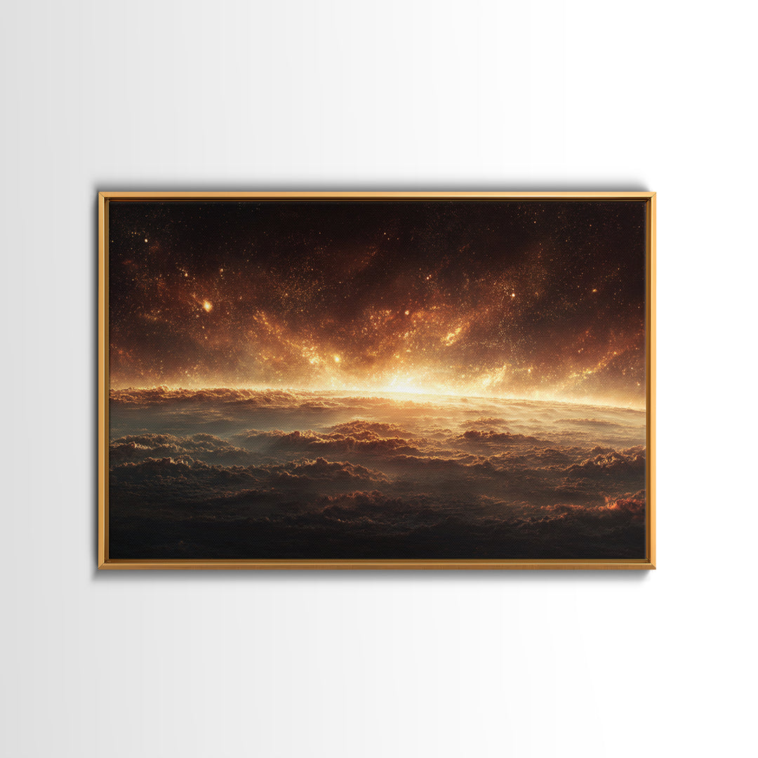 Golden Cosmic Horizon Framed Canvas Print, Space Abstract Art, Starry Cloudscape Wall Decor, Modern Wall Art For Bedroom