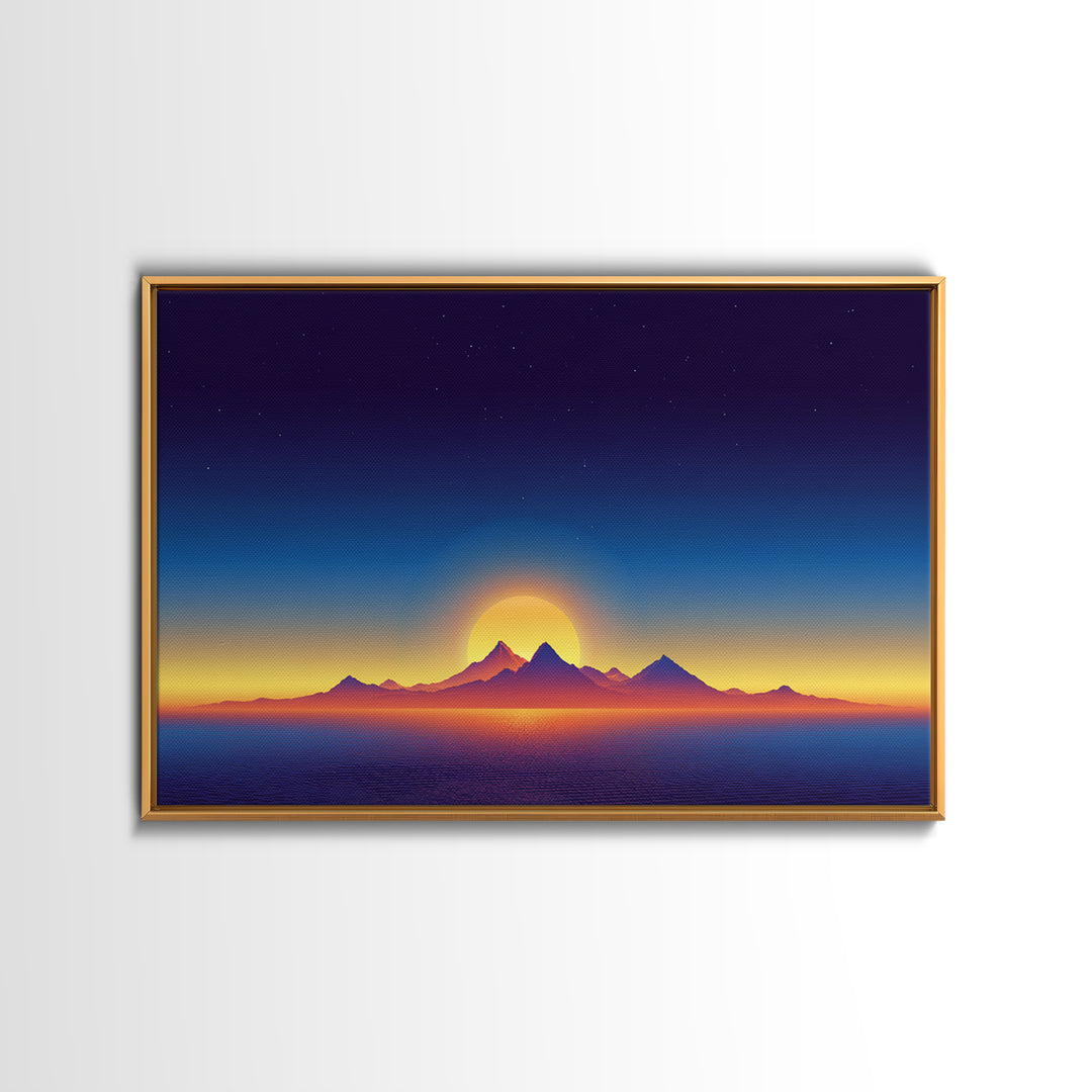Minimal Island Sunrise Canvas Print, Retro Sunset Poster, Blue Yellow Ocean Landscape Wall Decor, Modern Home Art Gift Print