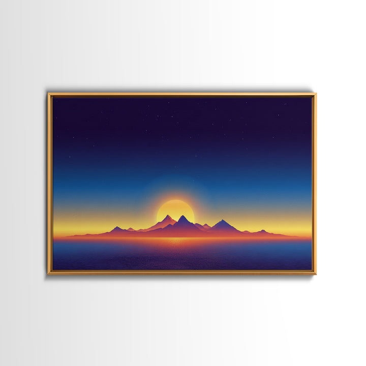 Minimal Island Sunrise Canvas Print, Retro Sunset Poster, Blue Yellow Ocean Landscape Wall Decor, Modern Home Art Gift Print