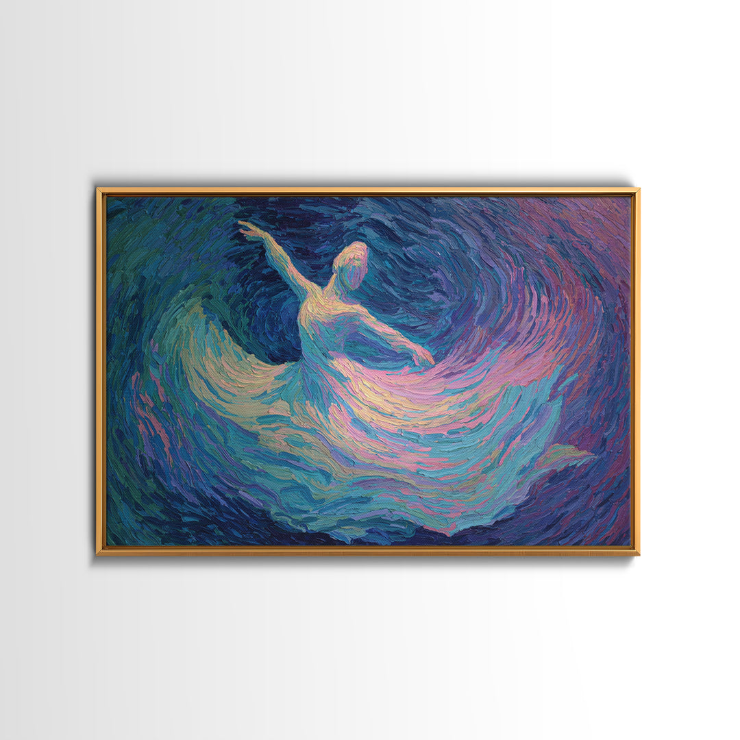Swirling Ballerina Dancer Framed Canvas Print, Blue Purple Impressionist Wall Art, Romantic Fine Art For Bedroom Decor Gift