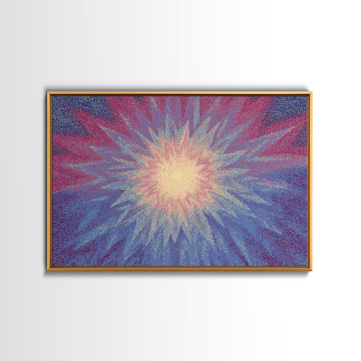 Pink And Blue Radiant Starburst Wall Art, Midcentury Modern Abstract Sun Print, Psychedelic Pointillism Decor Poster For Bedroom