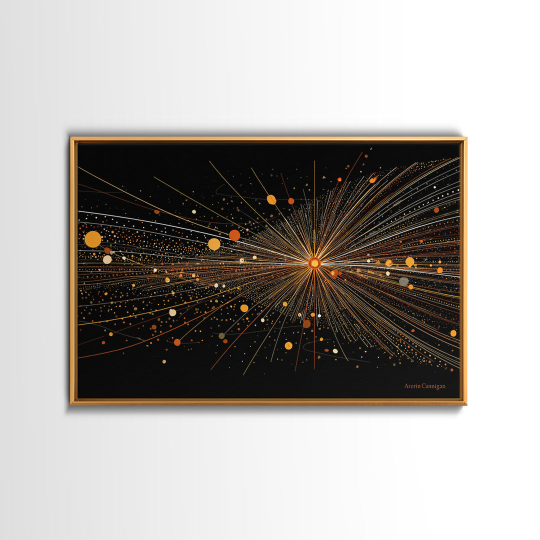 Golden Starburst Lines And Dots Canvas Print, Modern Abstract Art, Atomic Retro Wall Art Decor For Living Room Home Office