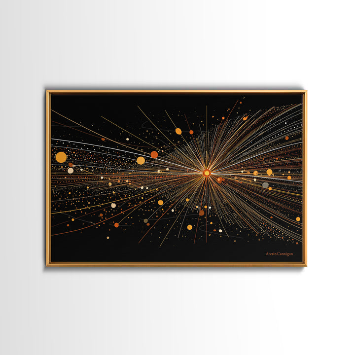 Golden Starburst Lines And Dots Canvas Print, Modern Abstract Art, Atomic Retro Wall Art Decor For Living Room Home Office