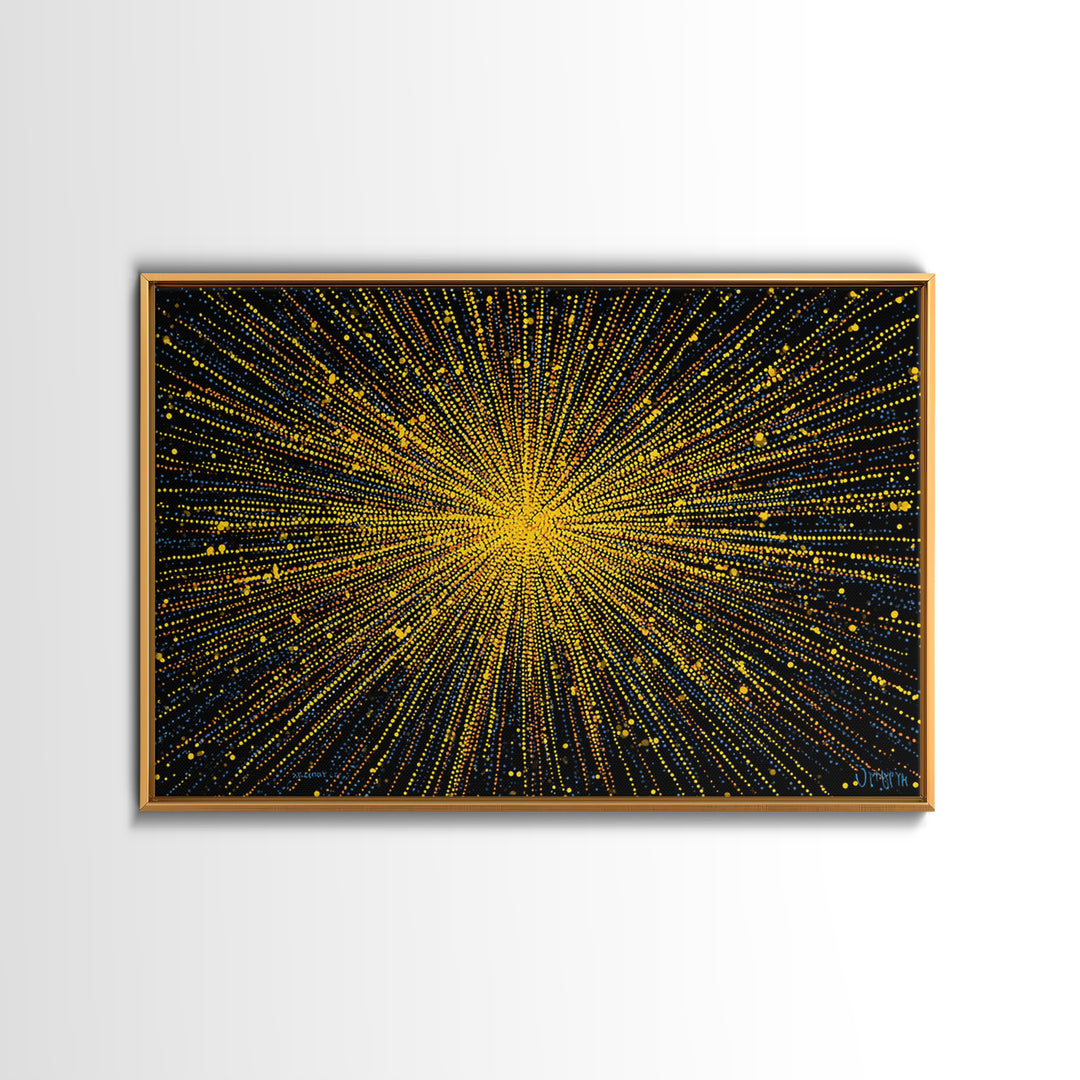 Radiant Yellow Dotted Starburst Canvas Print, Modern Abstract Art, Cosmic Retro Wall Art, Bold Geometric Decor For Home Office