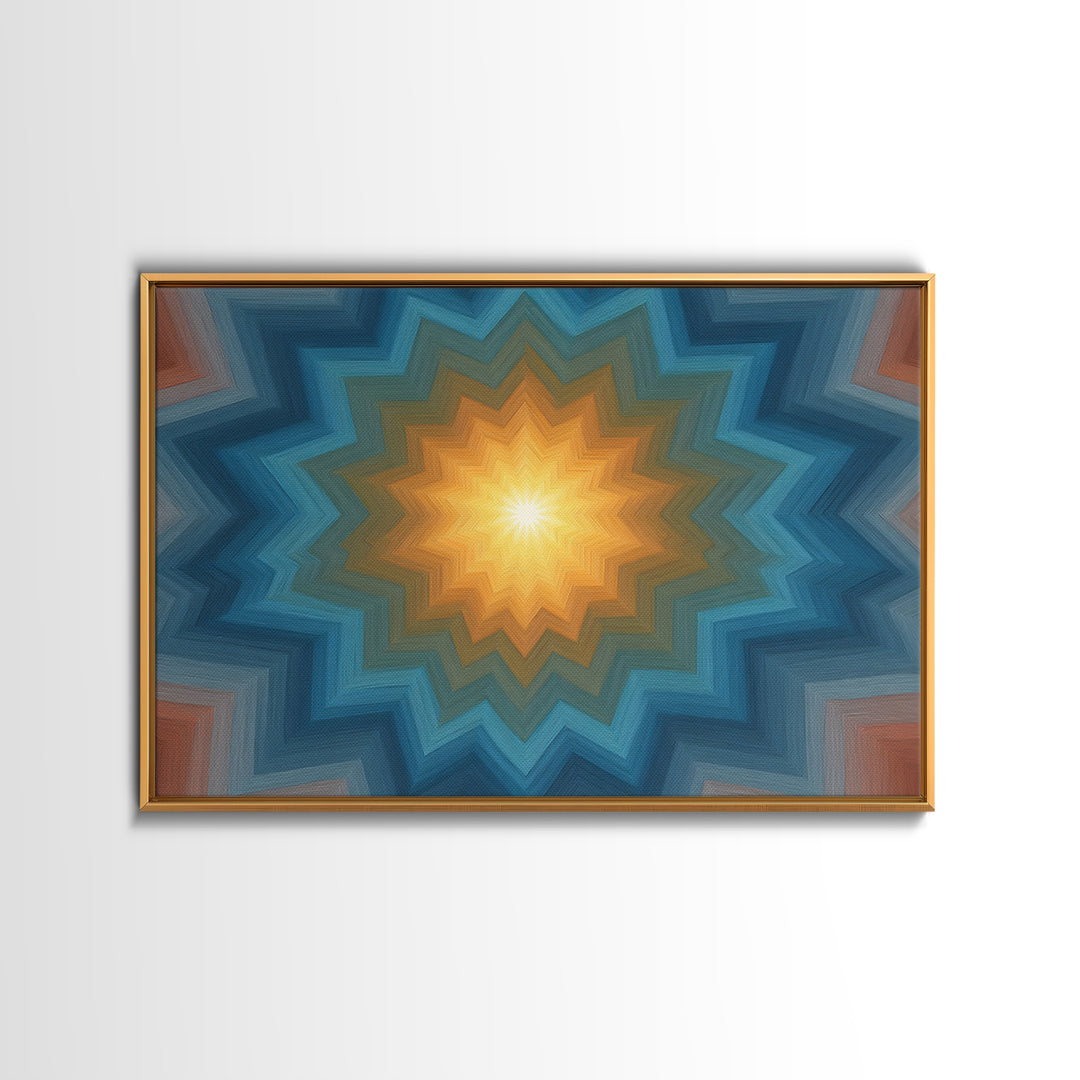 Teal And Orange Geometric Mandala Starburst Canvas Print, Midcentury Modern Wall Art, Atomic MCM Home Decor For Living Room