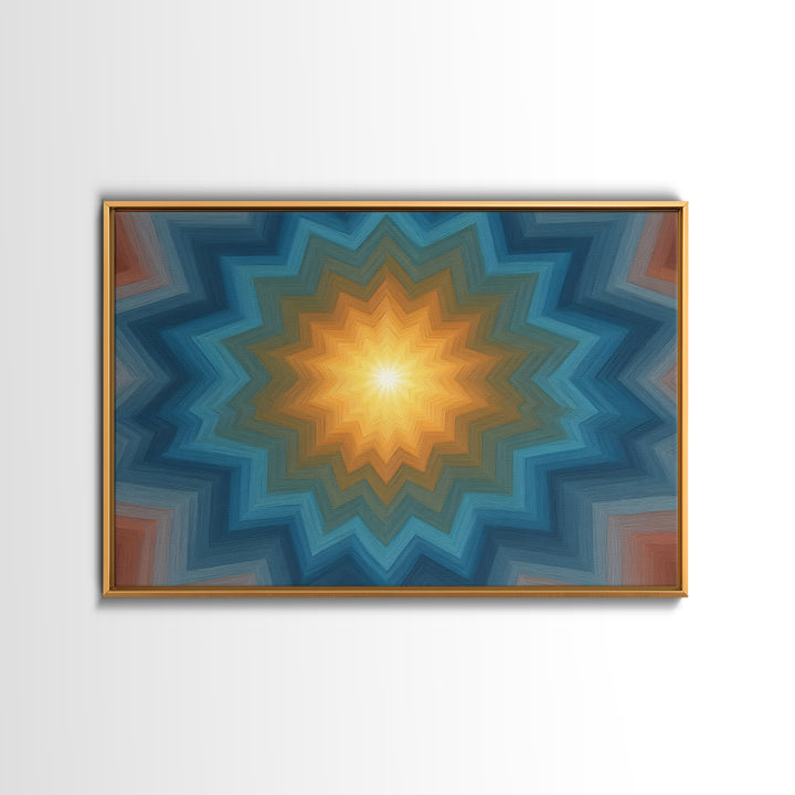 Teal And Orange Geometric Mandala Starburst Canvas Print, Midcentury Modern Wall Art, Atomic MCM Home Decor For Living Room