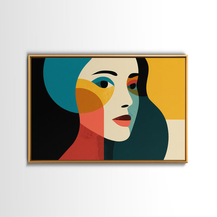 Geometric Minimal Woman Portrait Canvas Print, Midcentury Modern Wall Decor, Teal Orange Abstract Art, Retro MCM Home Decor