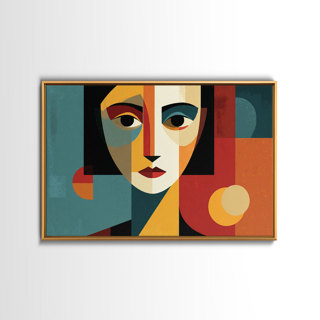 Cubist Geometric Woman Face Framed Canvas Print, Midcentury Modern Art, Bauhaus Poster, Color Block Living Room Wall Decor