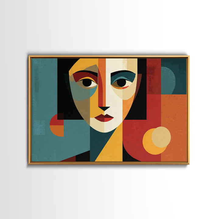 Cubist Geometric Woman Face Framed Canvas Print, Midcentury Modern Art, Bauhaus Poster, Color Block Living Room Wall Decor