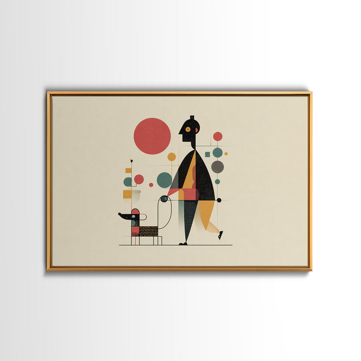 Whimsical Abstract Figure With Dog Canvas Print, Midcentury Modern Wall Art, Atomic Circles, Retro MCM Nursery Office Decor
