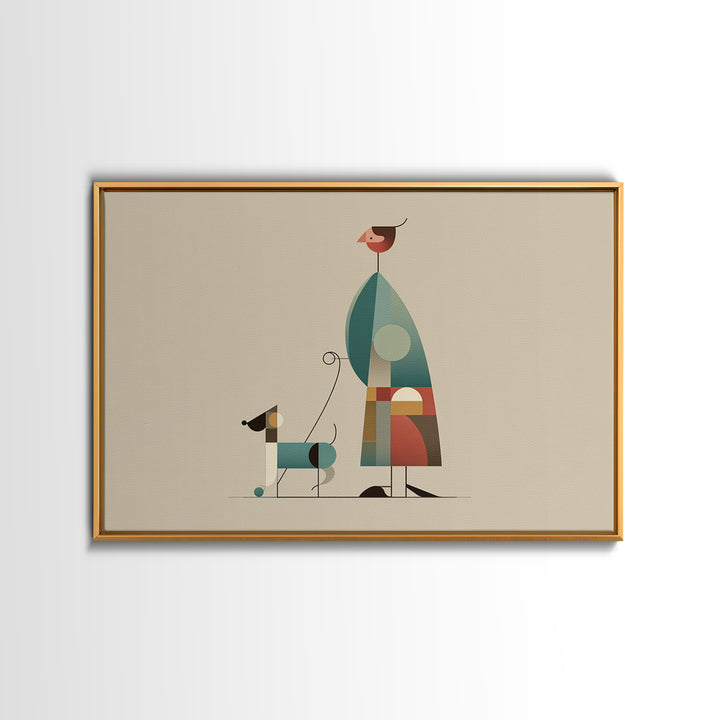 Minimalist Woman Walking Dog Canvas Print, Midcentury Modern Art, Scandinavian Retro Decor, Neutral Beige Gallery Wall Art