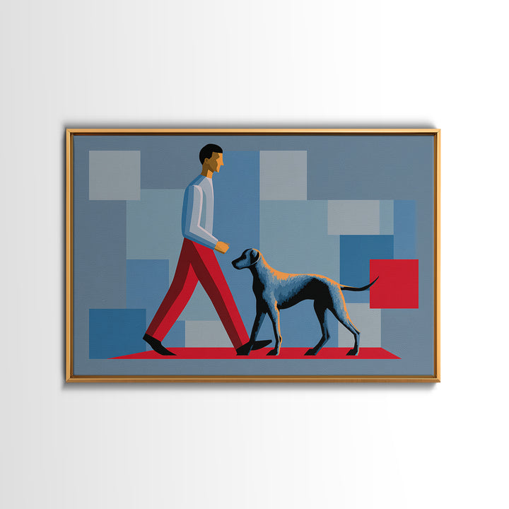 Stylish Man Walking Grey Dog Wall Art, Midcentury Modern Canvas Print, Blue Red Geometric Decor, Masculine Office Artwork