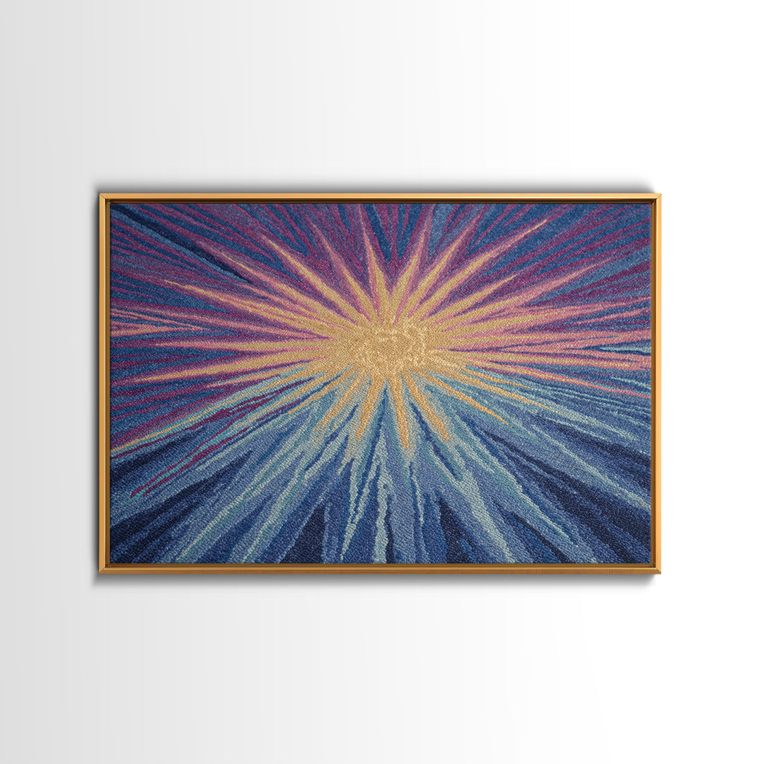 Blue Purple And Gold Radiant Sunburst Framed Canvas Print, Midcentury Modern Abstract Art, Textured Statement Wall Decor