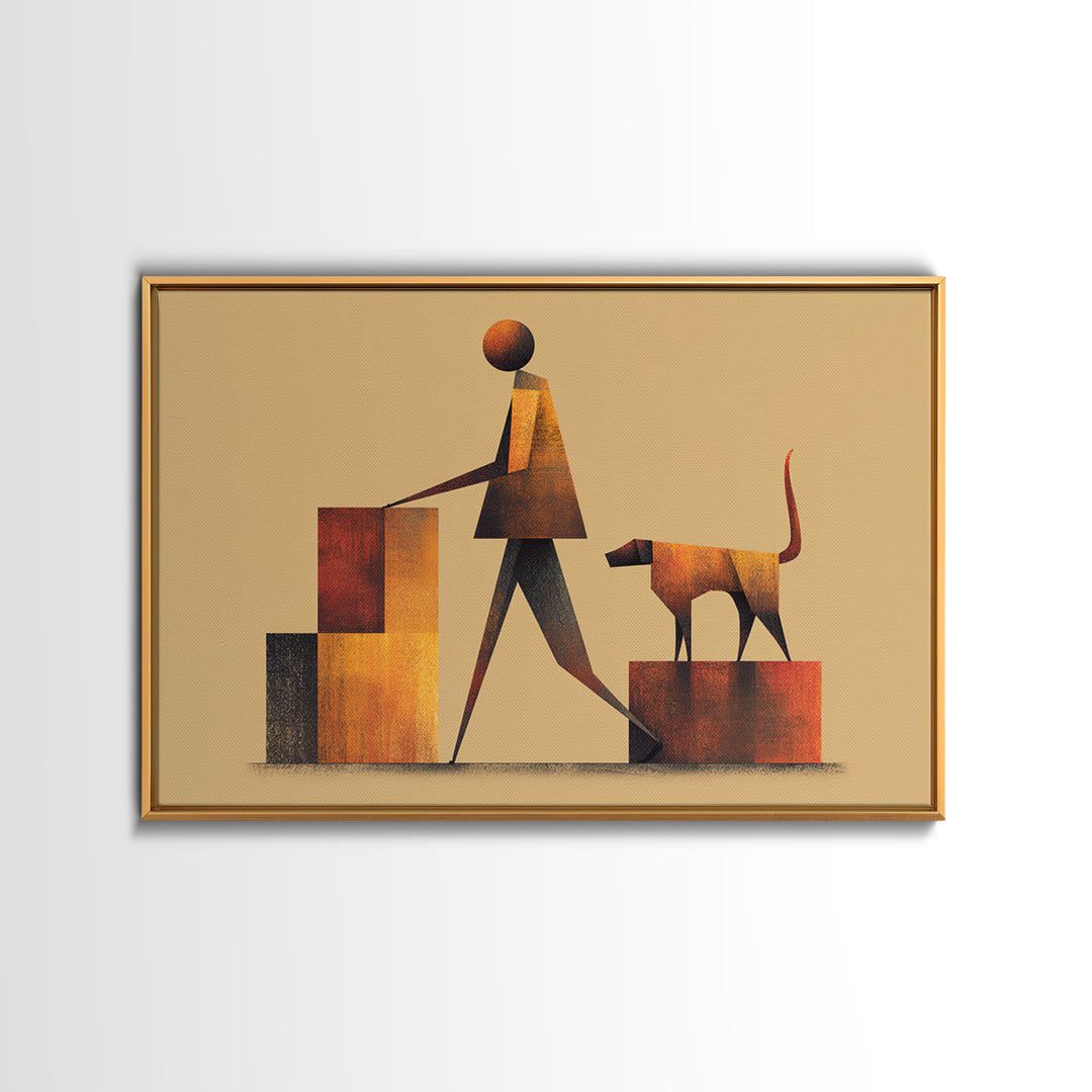 Stylized Figure With Dog On Steps Canvas Print, Midcentury Modern Wall Art, Warm Orange Brown Geometric Home Office Decor