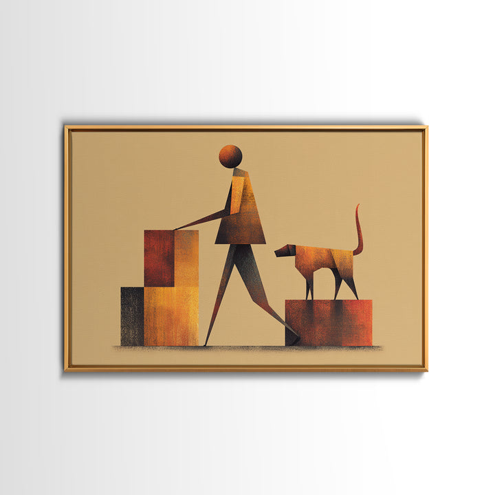 Stylized Figure With Dog On Steps Canvas Print, Midcentury Modern Wall Art, Warm Orange Brown Geometric Home Office Decor