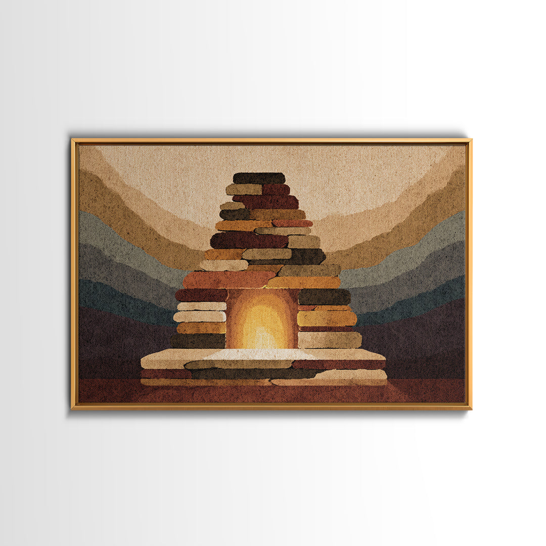 Rustic Stone Fireplace Wall Art, Mountain Lodge Midcentury Canvas Print, Warm Cabin Decor For Living Room Or Office Gallery