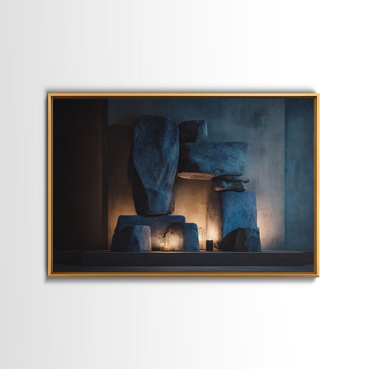 Blue Megalith Stone Sculpture Wall Art, Dramatic Modern Framed Canvas Print, Moody Minimalist Decor For Home Office Or Den
