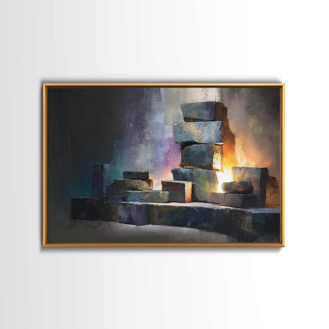 Stacked Stone Blocks Wall Art, Glowing Abstract Sculpture Canvas Print, Modern Contemporary Decor For Living Room Office