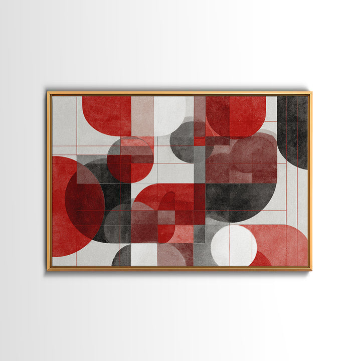 Red Black Geometric Circles Wall Art, Bauhaus Inspired Abstract Canvas Print, Modern MCM Decor For Living Room Office Gallery
