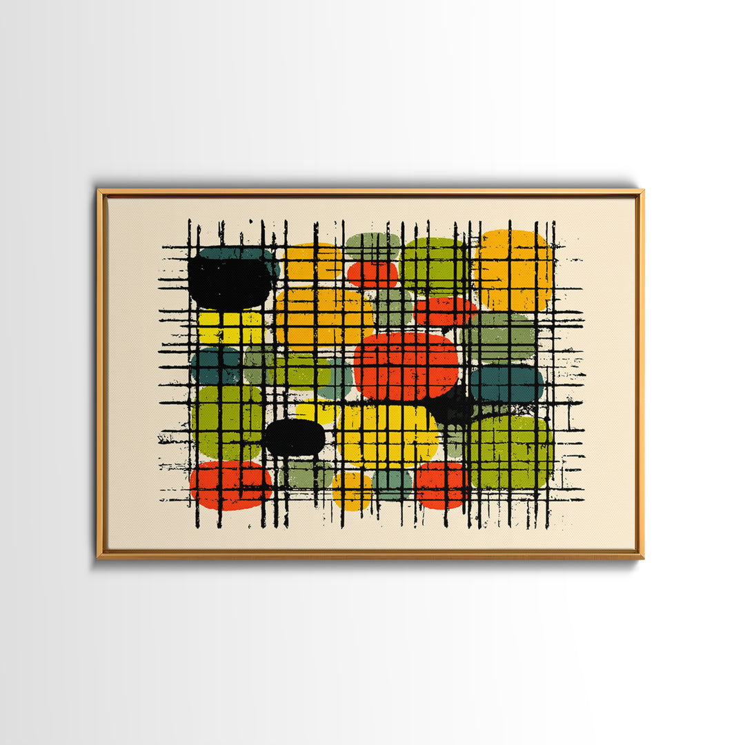 Colorful Grid Abstract Painting, Midcentury Modern Wall Art, Geometric Shapes Poster, Retro MCM Home Decor Canvas Print Gift