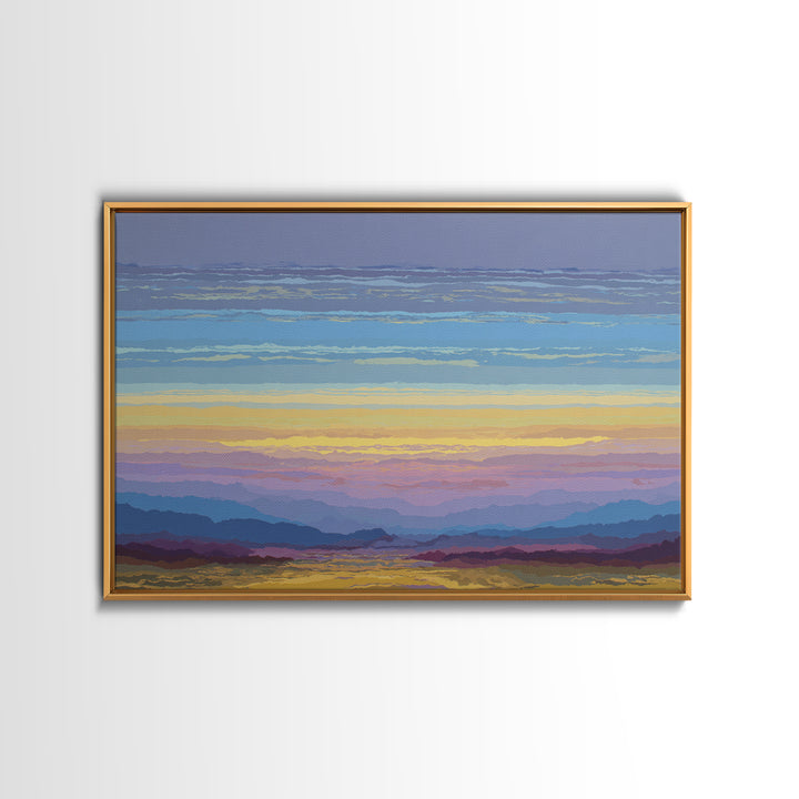 Pastel Mountain Sunset Landscape, Modern Wall Art, Scenic Nature Art Print, Serene Living Room Decor Framed Canvas Print