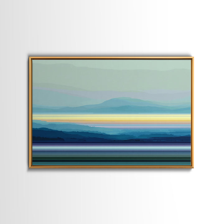 Misty Blue Mountain Lake Horizon, Modern Wall Art, Serene Landscape Art Print, Calm Bedroom Decor Framed Canvas Print Gift