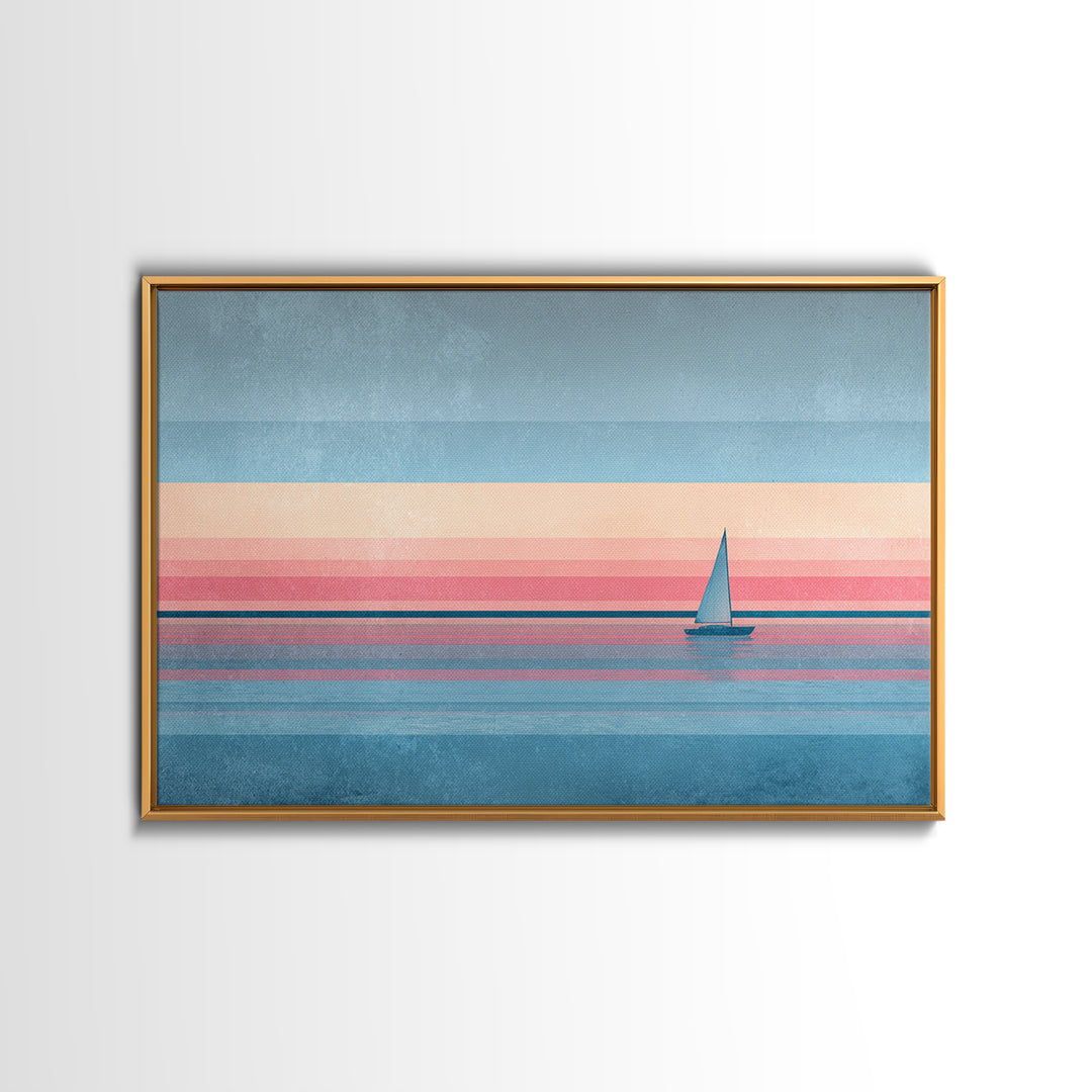 Pastel Sailboat Horizon Canvas Print, Coastal Wall Art, Minimalist Seascape, Retro Modern Decor For Beach House, Living Room Art