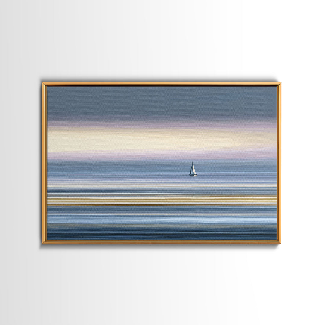 Minimal Sailboat At Dusk Canvas Print, Serene Coastal Wall Art, Pastel Ocean Horizon, Modern Bedroom Decor, Large Print Gift