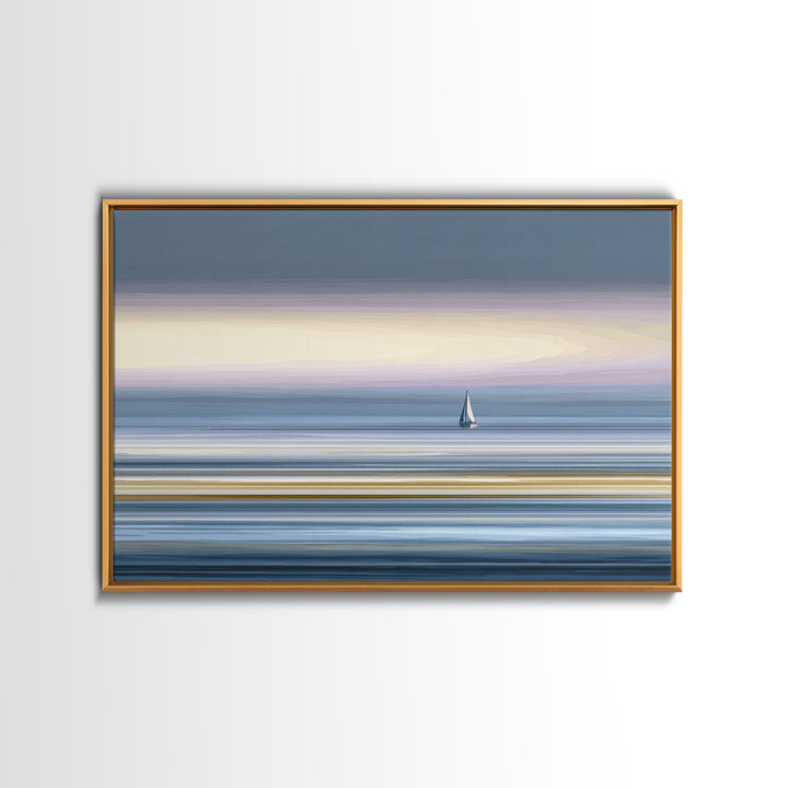 Minimal Sailboat At Dusk Canvas Print, Serene Coastal Wall Art, Pastel Ocean Horizon, Modern Bedroom Decor, Large Print Gift