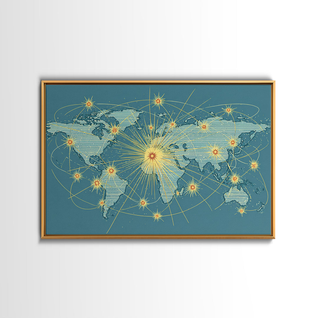 Retro World Map With Golden Network Lines Wall Art, Midcentury Modern Travel Poster, Atomic Office Decor For Global Home
