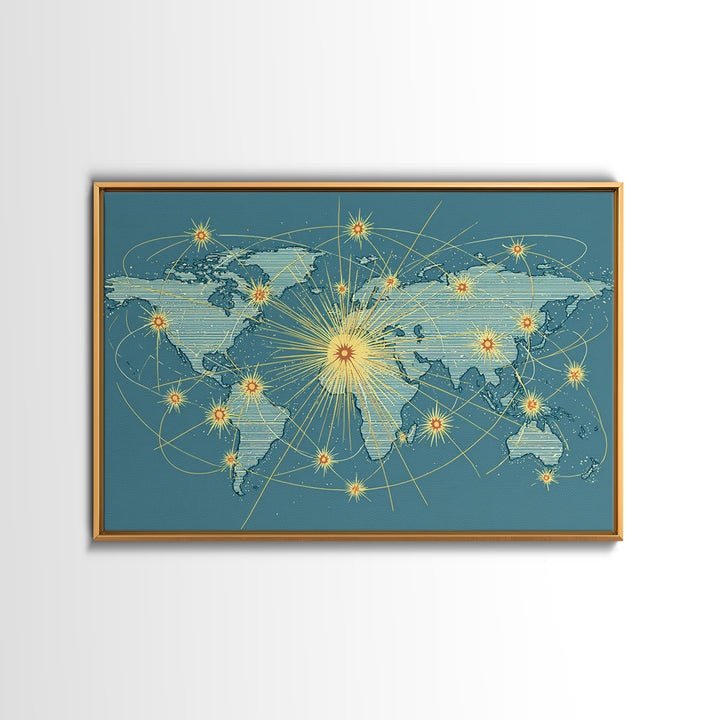 Retro World Map With Golden Network Lines Wall Art, Midcentury Modern Travel Poster, Atomic Office Decor For Global Home