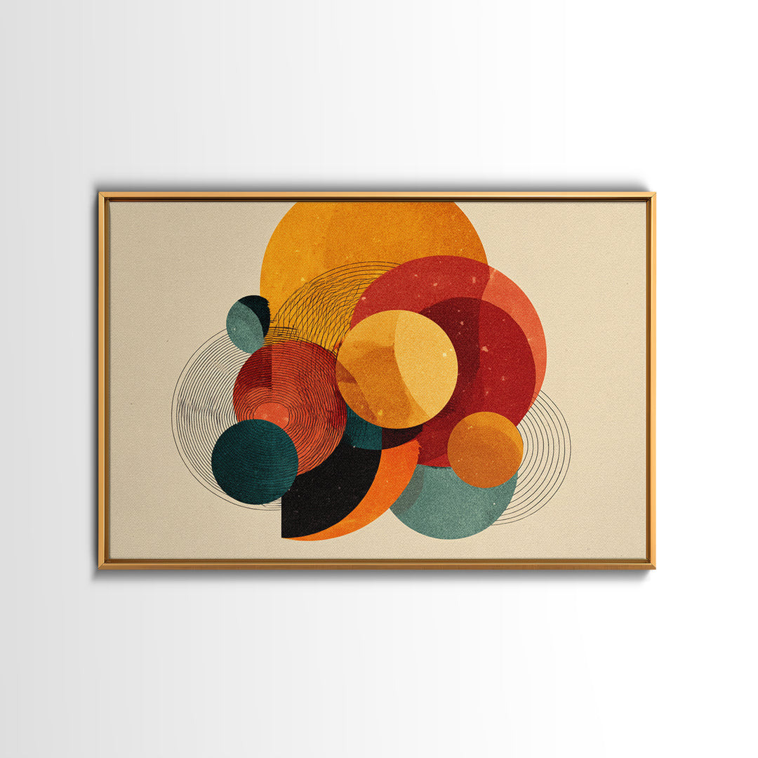Orange Teal Circle Abstract Canvas Print, Midcentury Modern Wall Art, Bauhaus Geometric Poster, Warm Retro Home Decor Gift