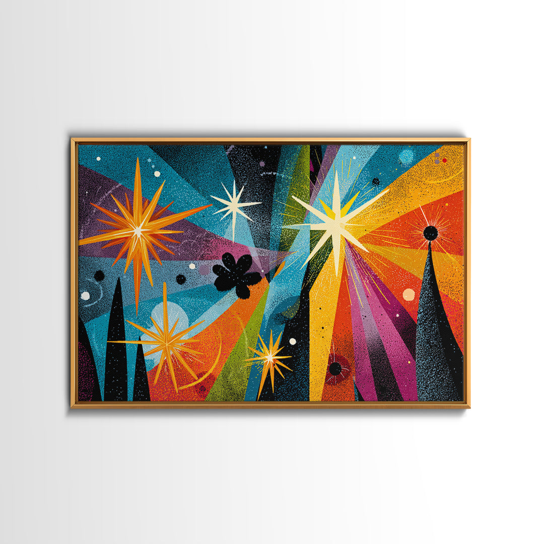 Colorful Atomic Starburst Night Wall Art, Midcentury Modern Art Print, Retro Space Abstract, Funky MCM Living Room Wall Decor