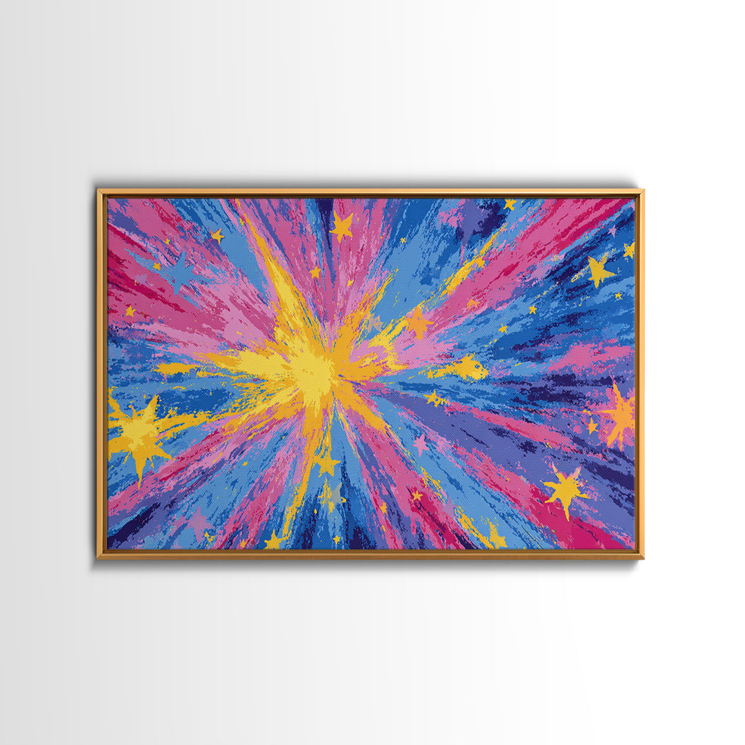 Pink Blue Yellow Star Explosion Canvas Print, Colorful Modern Wall Art, Retro Abstract Poster, Bright Kids Room Nursery Decor