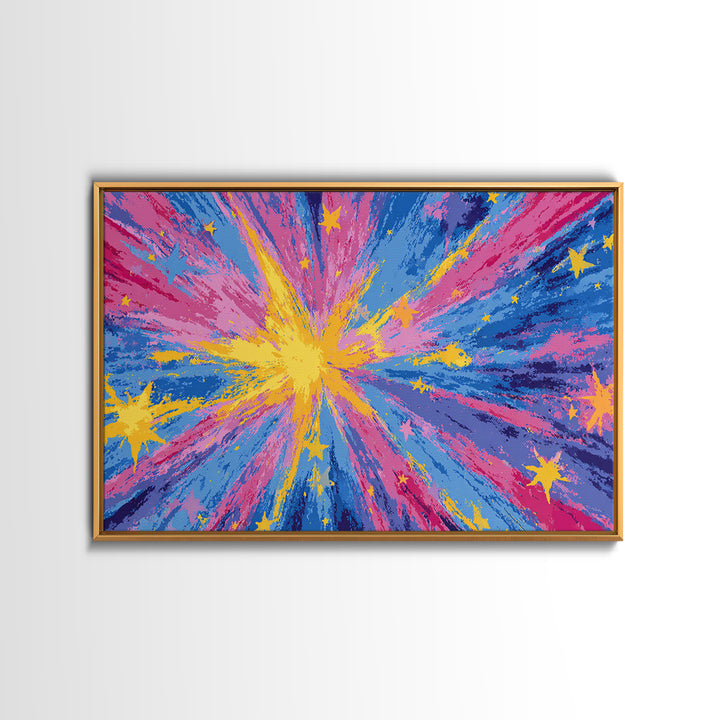 Pink Blue Yellow Star Explosion Canvas Print, Colorful Modern Wall Art, Retro Abstract Poster, Bright Kids Room Nursery Decor