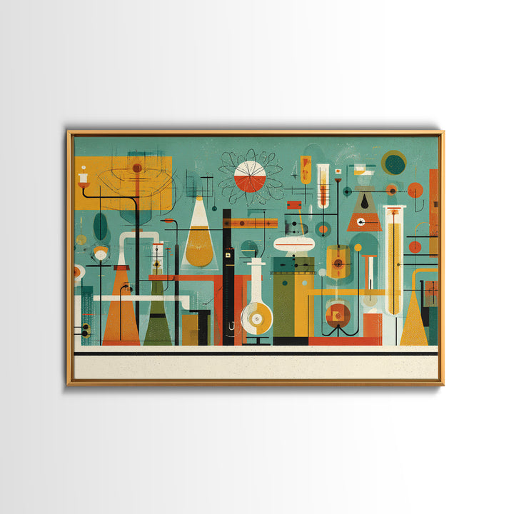 Retro Chemistry Lab With Beakers Wall Art, Midcentury Modern Science Print, Atomic Decor, Teal Orange Laboratory Artwork