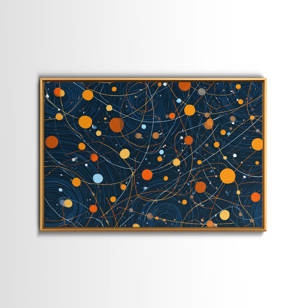 Dark Blue Orange Orbital Wall Art, Midcentury Modern Atomic Abstract Print, Cosmic Geometric Decor, MCM Retro Space Poster