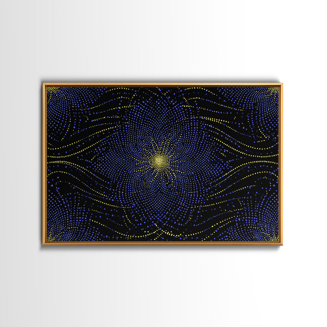 Blue Yellow Dotted Wave Canvas Print, Midcentury Modern Abstract Art, Optical Op Art Starburst, Cosmic Geometric Wall Decor