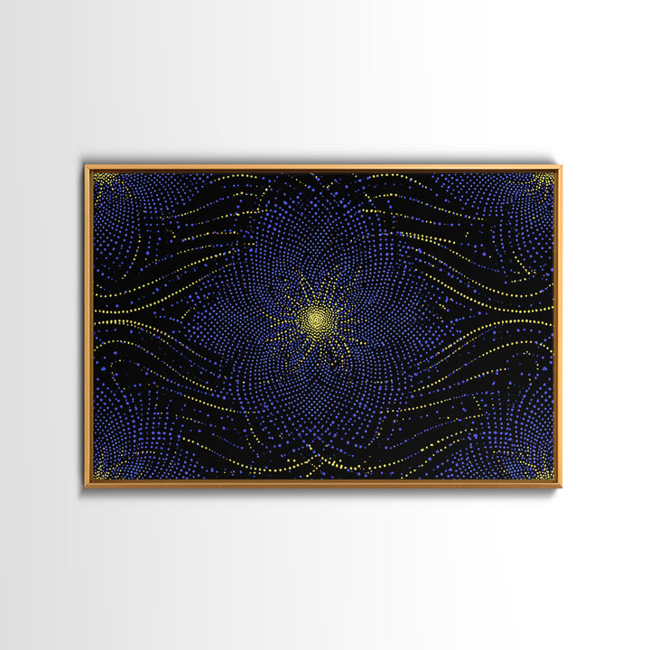 Blue Yellow Dotted Wave Canvas Print, Midcentury Modern Abstract Art, Optical Op Art Starburst, Cosmic Geometric Wall Decor
