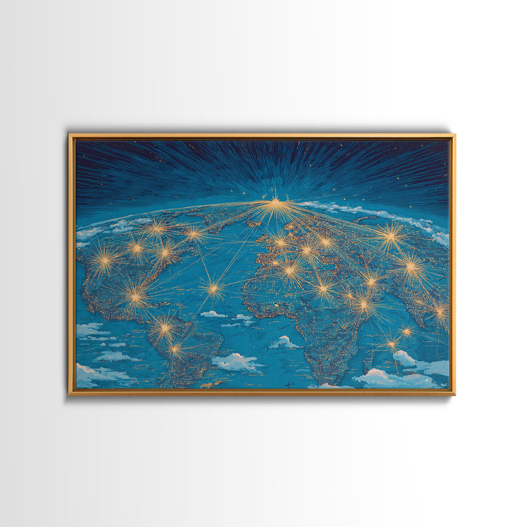 Earth From Space Network Lights Framed Canvas Print, Modern Wall Art, Midcentury Futuristic Travel Poster For Office Decor