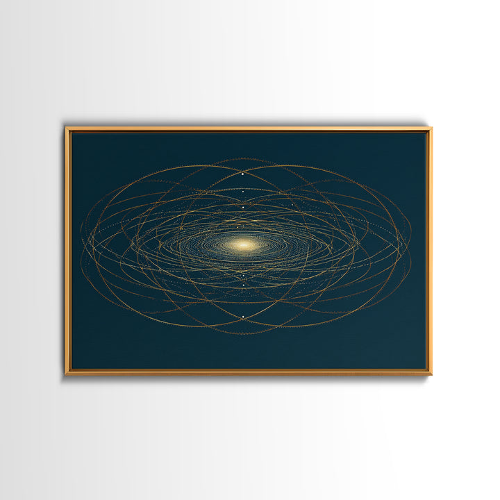 Golden Orbital Galaxy Mandala Framed Canvas Print, Midcentury Modern Abstract Art, Dark Teal Cosmic Geometric Wall Decor