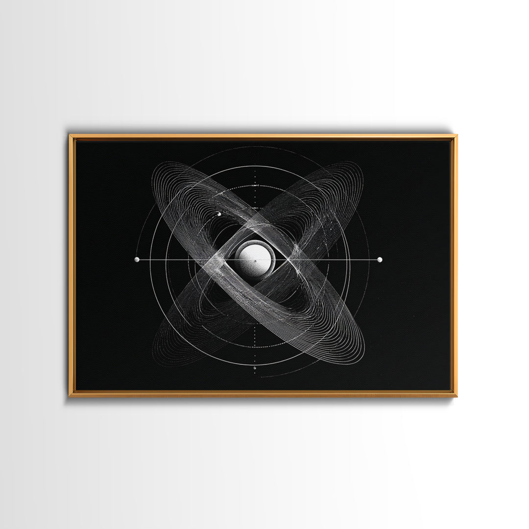 Atomic Sphere Orbit Canvas Print, Black And White Space Art, Geometric Wall Art, Modern Abstract Poster, Science Office Decor